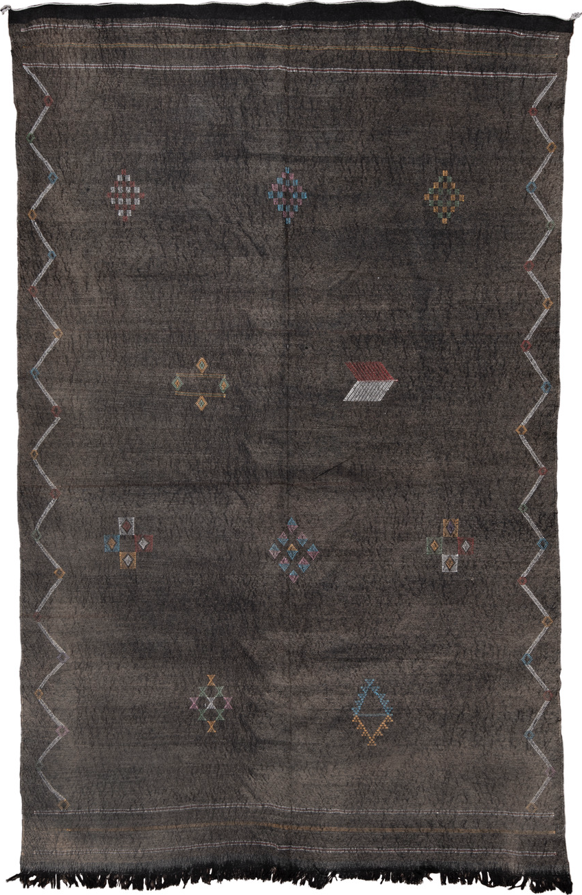 5' x 9' one-of-a-kind handmade vintage Cactus Kilim medium size rug. Color palette: black, blue, charcoal, dim gray, gray