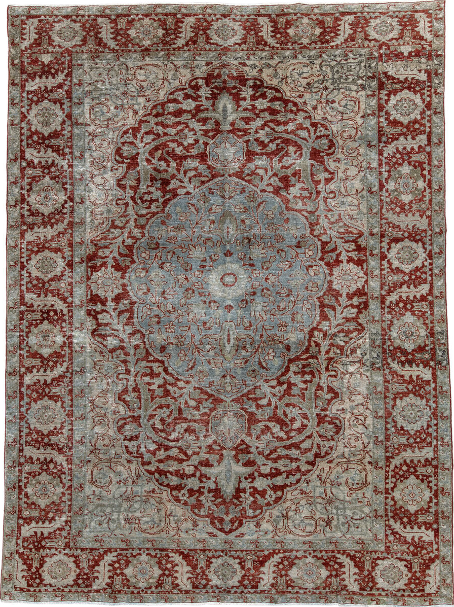 7' x 10' one-of-a-kind handmade vintage Heriz large size rug. Color palette: brown, dark gray, gray, light gray, off-white
