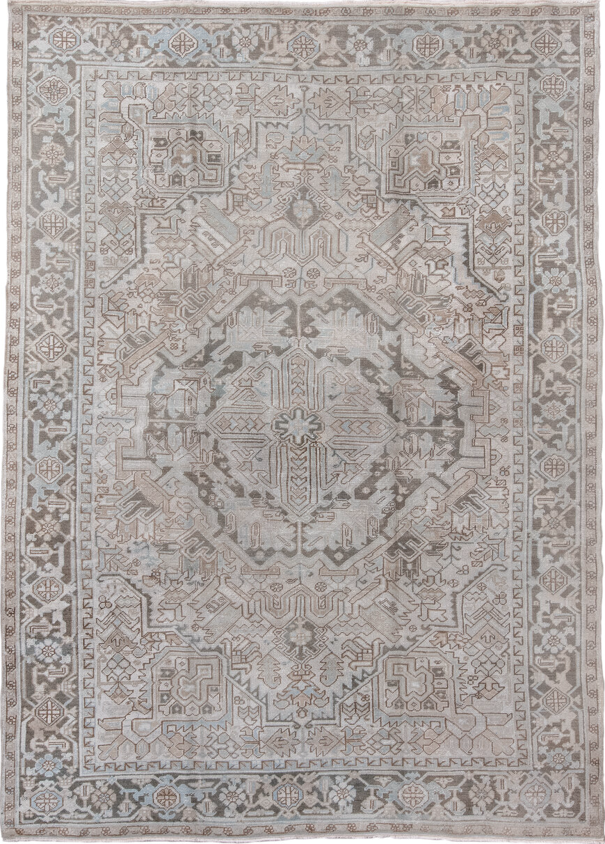 8' x 11' one-of-a-kind handmade vintage Heriz large size rug. Color palette: black, brown, charcoal, dark gray, dim gray