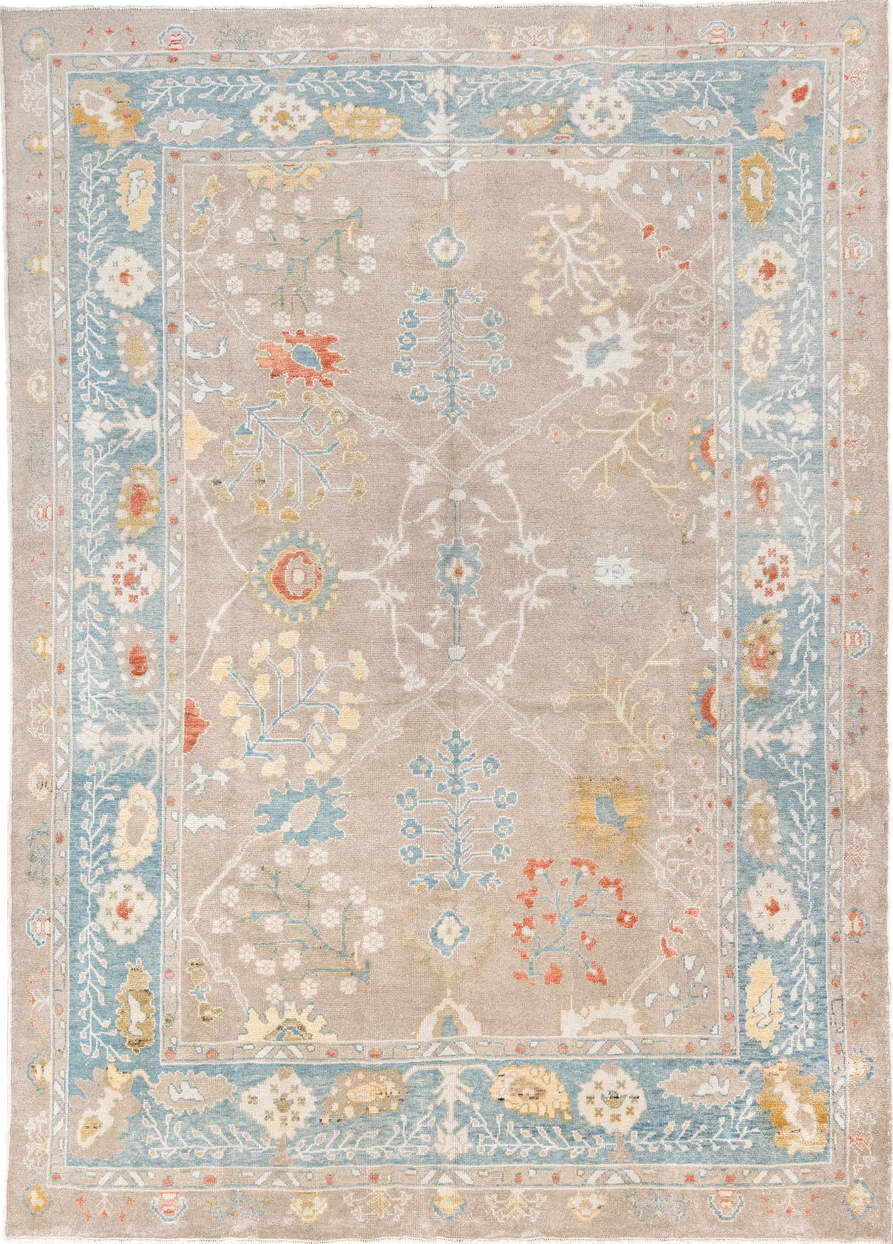 9' x 13' one-of-a-kind handmade vintage Oushak large size rug. Color palette: antiquewhite, blanched almond, brown
