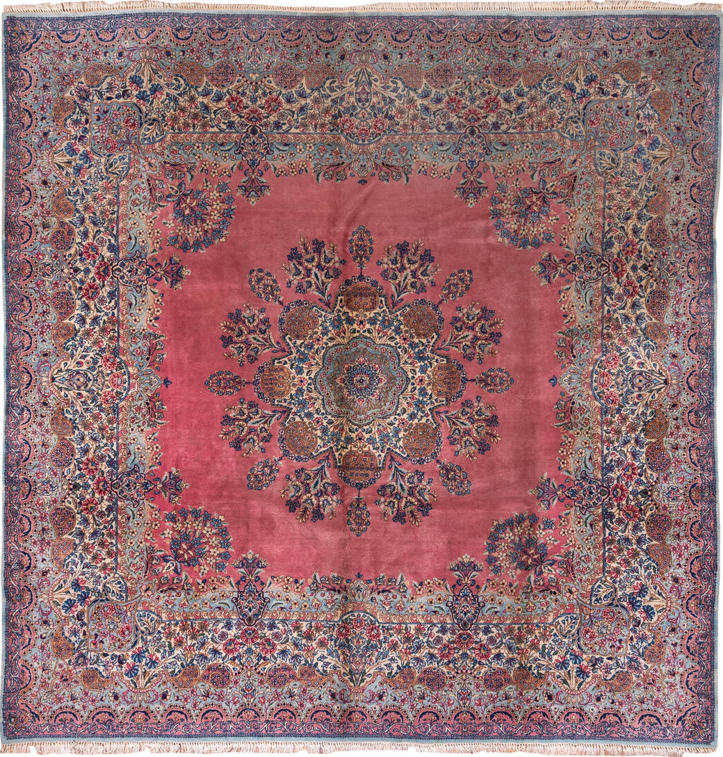 9' x 10' one-of-a-kind handmade vintage Kerman large size rug. Color palette: blue, brown, dim gray, fiord, gray, light blue