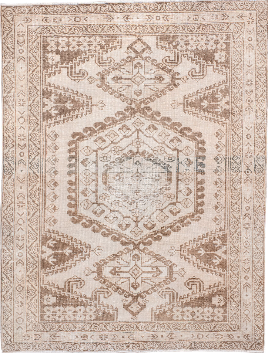 5' x 6' one-of-a-kind handmade vintage Veece rug. Color palette: antiquewhite, brown, dim gray, gray, light gray, linen