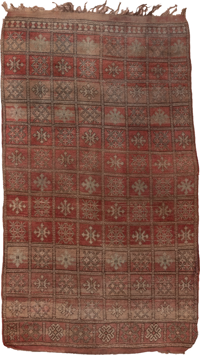 4' x 7' one-of-a-kind handmade vintage Moroccan rug. Color palette: brown, gray, off-white, pink, red, redwood, snow, white