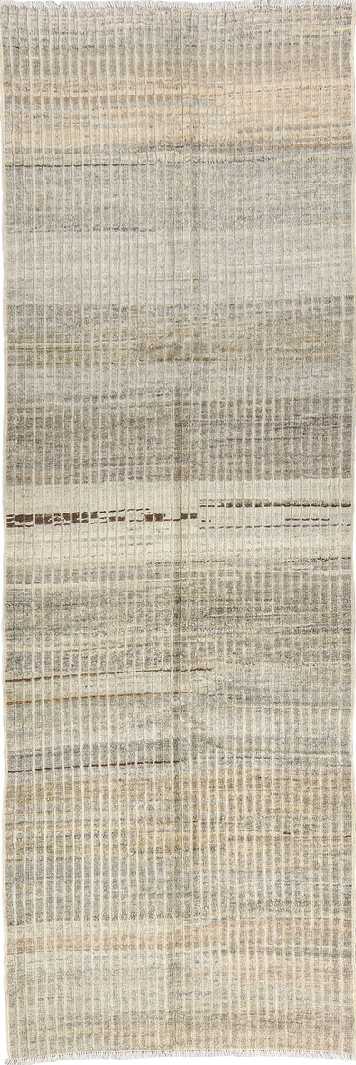 3' x 9' one-of-a-kind handmade vintage Tulu runner rug. Color palette: dark gray, gray, light gray, off-white, silver