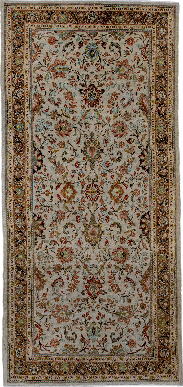 4' x 9' one-of-a-kind handmade vintage Sarouk runner rug. Color palette: black, blue, brown, dark slate gray, gray