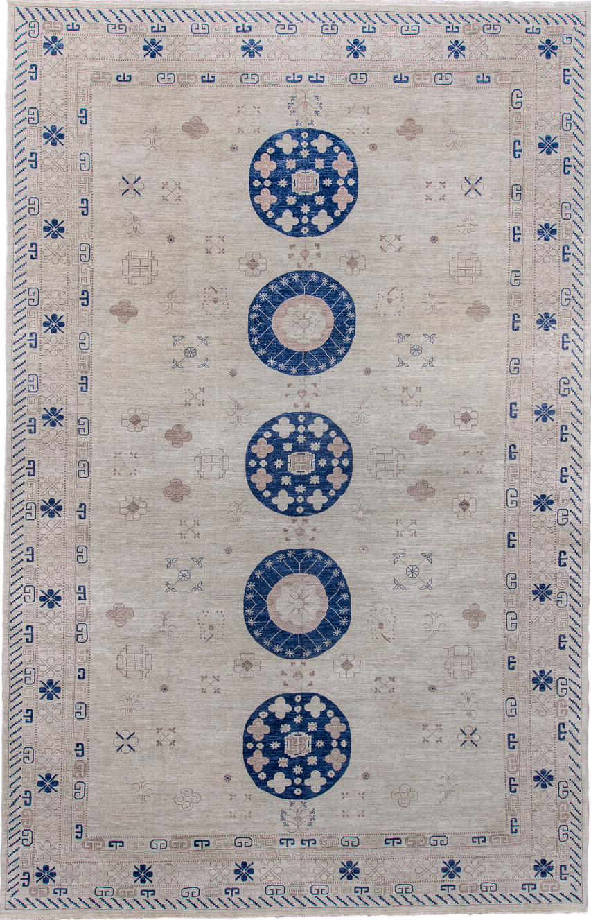 12' x 19' one-of-a-kind handmade vintage Khotan oversize rug. Color palette: blue, dim gray, fiord, gray, light blue