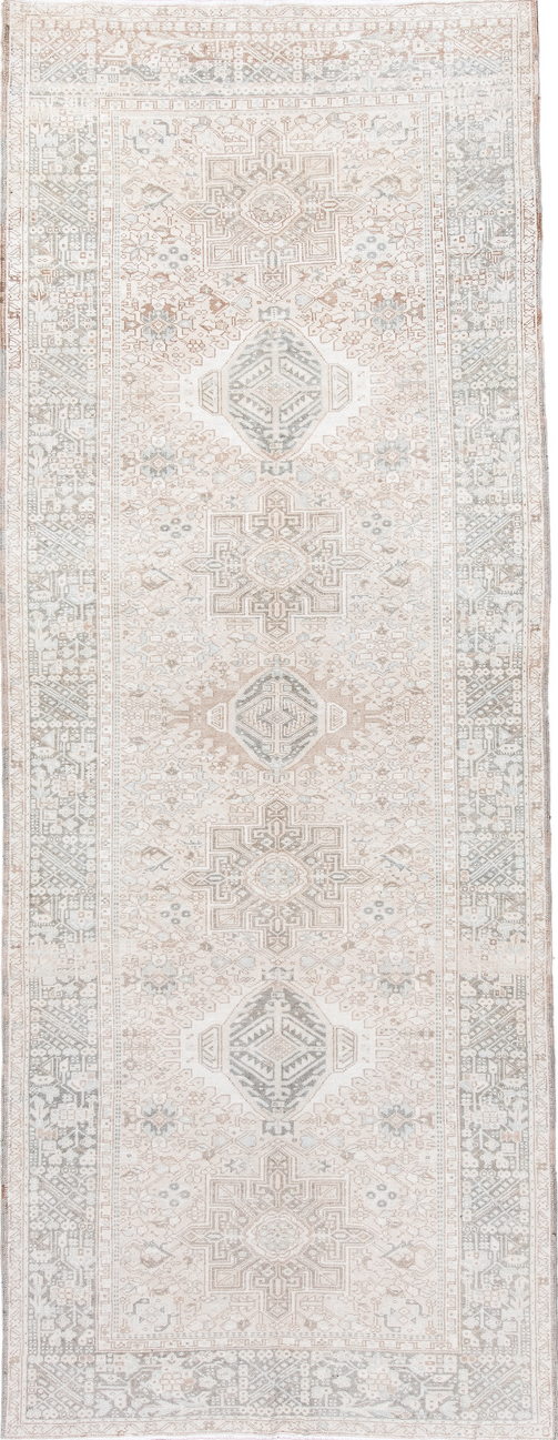 4' x 12' one-of-a-kind handmade vintage Karaje runner rug. Color palette: antiquewhite, dark gray, gainsboro, gray