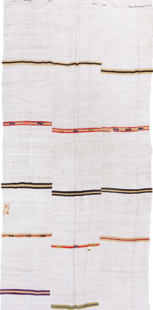 6' x 14' one-of-a-kind handmade vintage Hemp Kilim large size rug. Color palette: brown, gainsboro, ghost white, gray