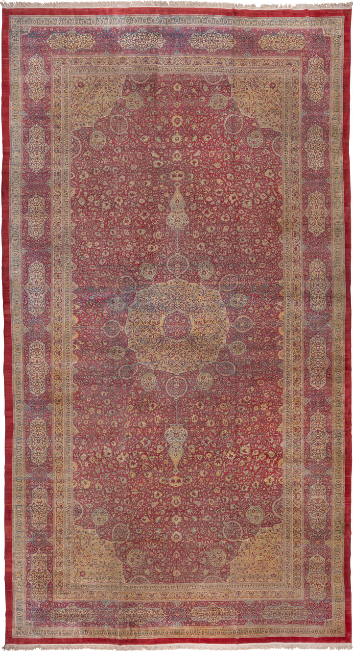 17' x 32' one-of-a-kind handmade vintage Agra oversize rug. Color palette: brown, gray, pink, red