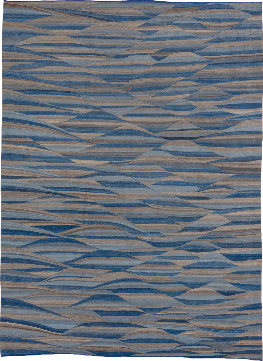 8' x 11' one-of-a-kind handmade vintage Kilim large size rug. Color palette: blue, dim gray, fiord, gray, light slate gray