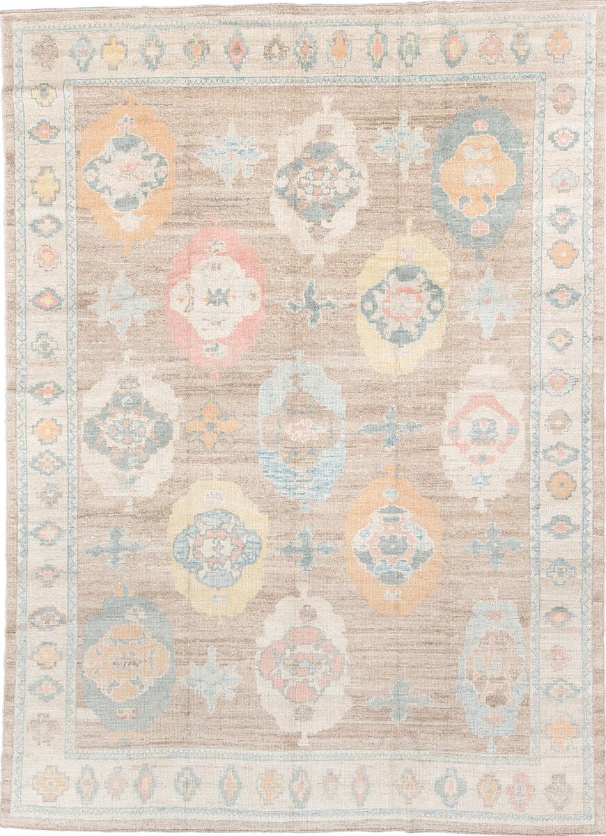 9' x 12' one-of-a-kind handmade vintage Oushak large size rug. Color palette: gray, brown, orange, off-white, light gray
