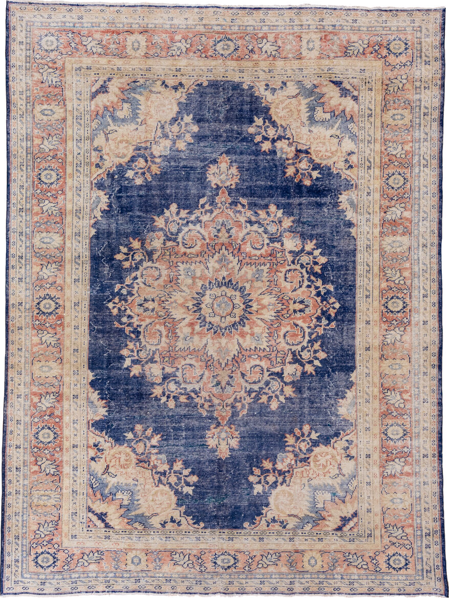 8' x 11' one-of-a-kind handmade vintage Oushak large size rug. Color palette: blue, fiord, gainsboro, gray, light blue