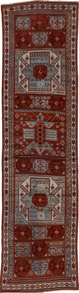 3' x 13' one-of-a-kind handmade vintage Anatol runner rug. Color palette: brown, dim gray, gray, light gray, pink, red