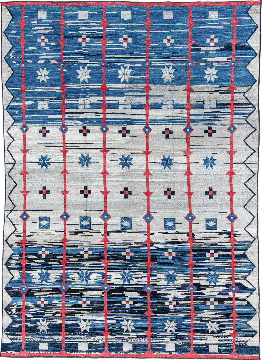 10' x 14' one-of-a-kind handmade vintage Tulu large size rug. Color palette: black, blue, brown, dark gray, gainsboro, gray