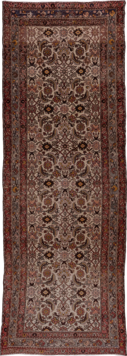 3' x 10' one-of-a-kind handmade vintage Malayer runner rug. Color palette: brown, gray, pink, redwood