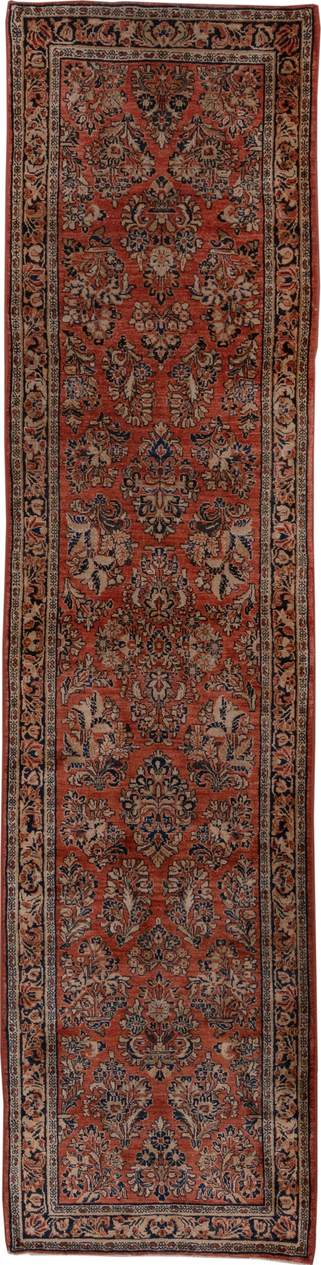 2' x 10' one-of-a-kind handmade vintage Sarouk runner rug. Color palette: brown, gray, pink, redwood