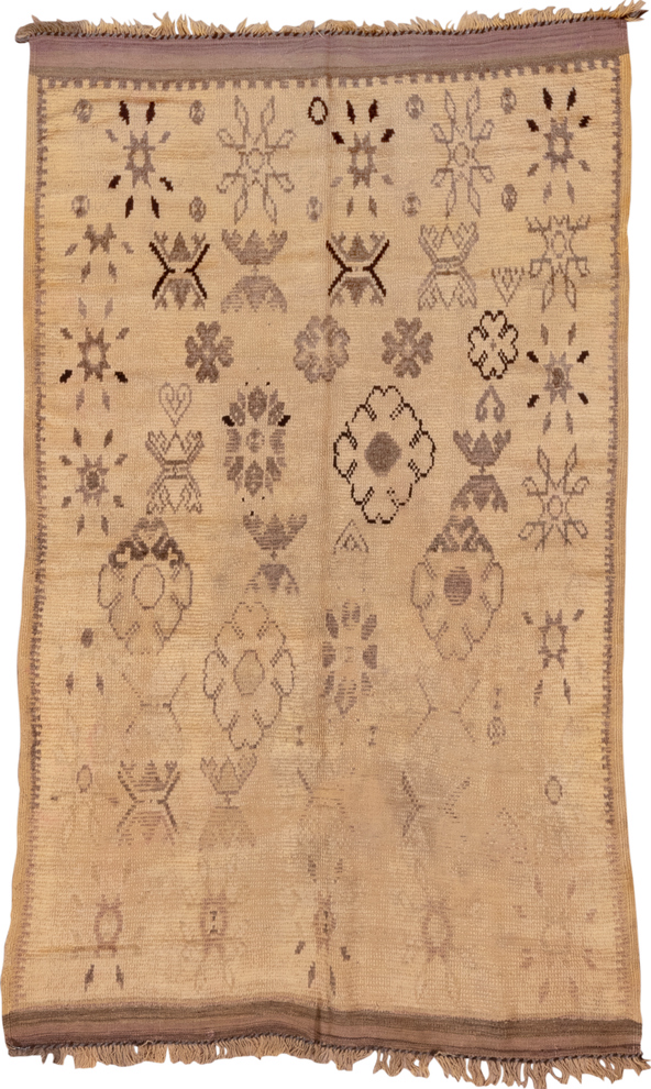 4' x 7' one-of-a-kind handmade vintage Moroccan rug. Color palette: brown, burlywood, off-white, orange, pink, snow, tan
