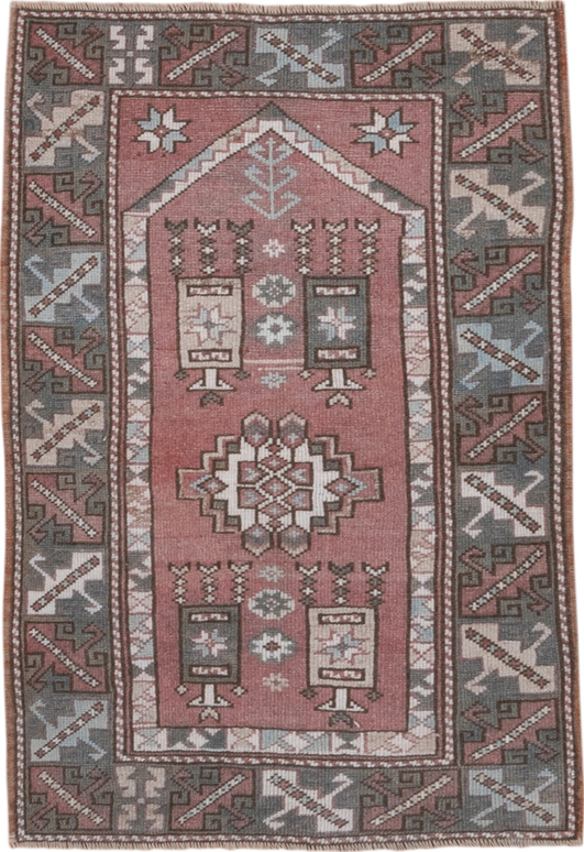2' x 4' one-of-a-kind handmade vintage Oushak small size rug. Color palette: brown, dim gray, gray, light gray, off-white