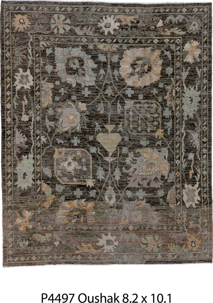 8' x 10' one-of-a-kind handmade vintage Oushak large size rug. Color palette: black, brown, dim gray, gainsboro, gray