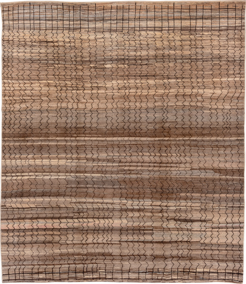 8' x 9' one-of-a-kind handmade vintage Tulu rug. Color palette: black, brown, gray, off-white, orange, pink, snow, white