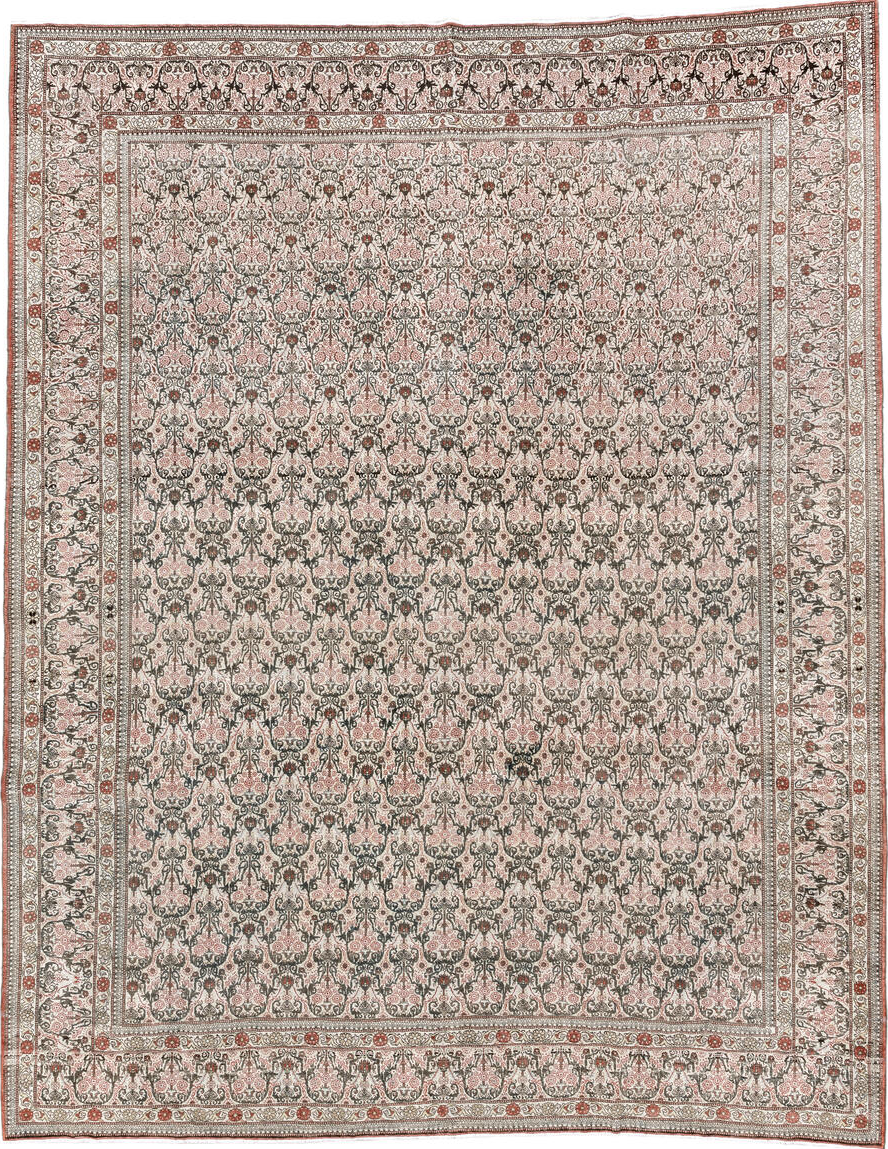8' x 11' one-of-a-kind handmade vintage Tehran large size rug. Color palette: brown, floral white, gray, light gray, linen