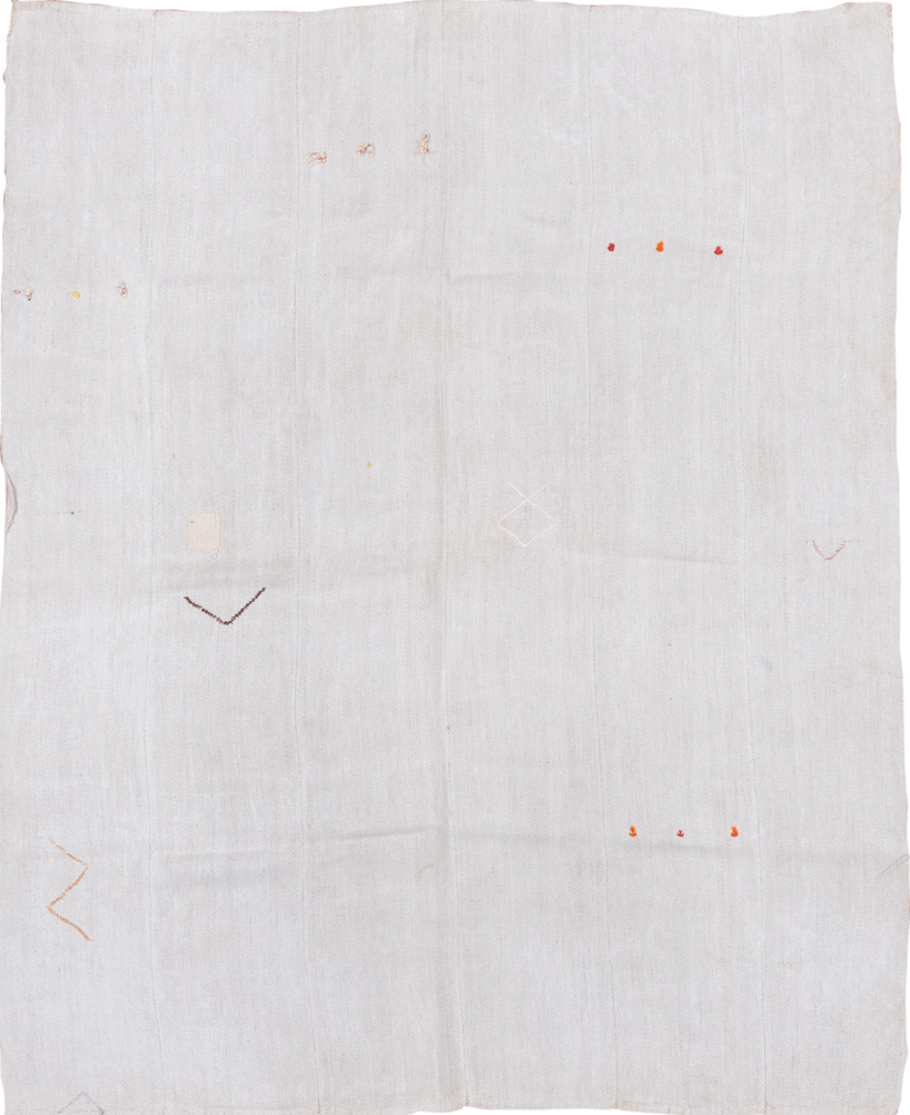 7' x 8' one-of-a-kind handmade vintage Hemp Kilim rug. Color palette: brown, gainsboro, gray, light gray, off-white, pink