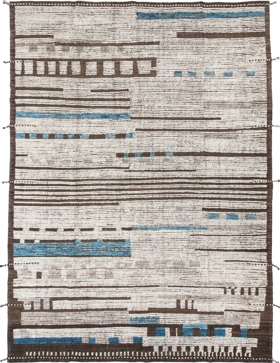 10' x 14' one-of-a-kind handmade vintage Tulu large size rug. Color palette: gray, off-white, blue, light blue, light gray