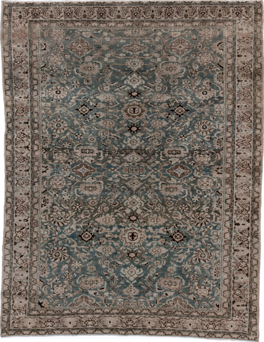 7' x 9' one-of-a-kind handmade vintage Malayer rug. Color palette: black, blue, dim gray, gray, pink