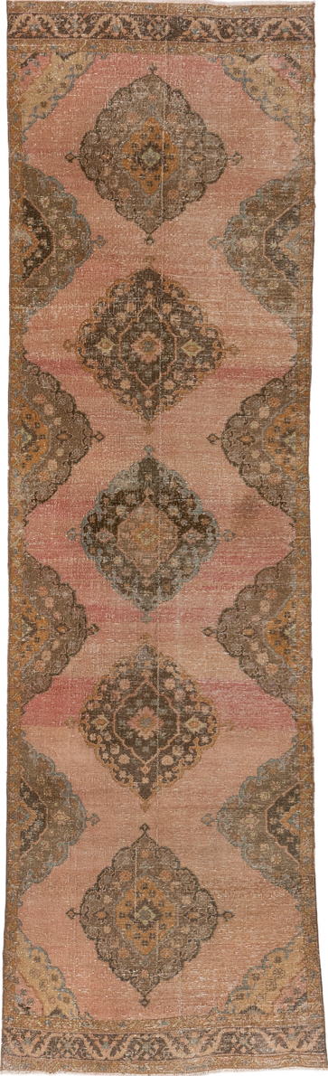 3' x 12' one-of-a-kind handmade vintage Oushak runner rug. Color palette: brown, off-white, orange, pink, snow, white