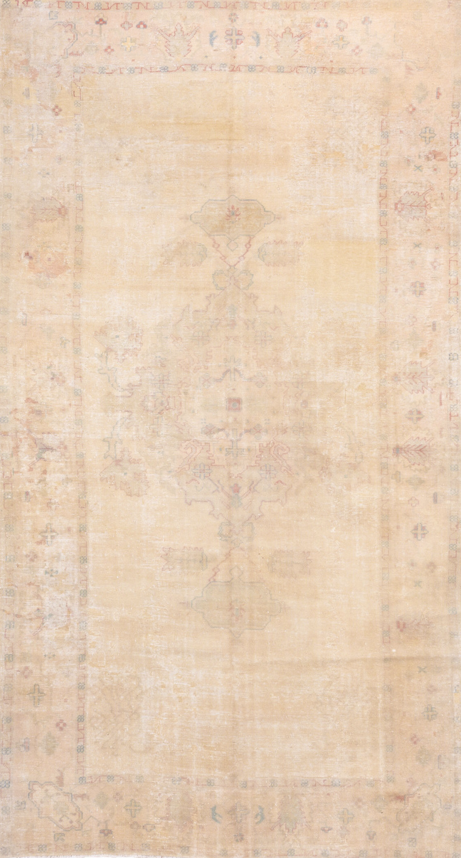 7' x 14' one-of-a-kind handmade vintage Oushak large size rug. Color palette: antiquewhite, bisque, blanched almond, brown