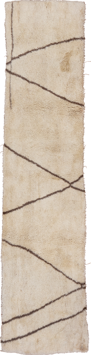 2' x 12' one-of-a-kind handmade vintage Moroccan runner rug. Color palette: brown, gray, light gray, linen, off-white, pink