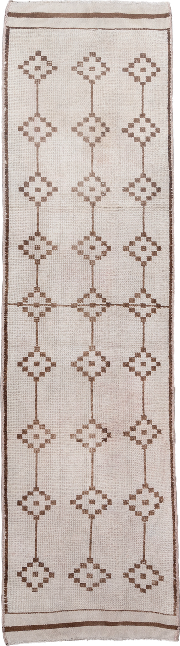 3' x 11' one-of-a-kind handmade vintage Kars runner rug. Color palette: brown, gainsboro, gray, light gray, off-white, pink