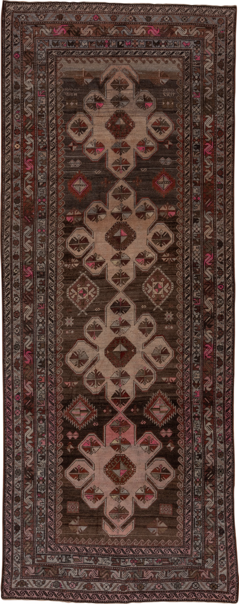 4' x 12' one-of-a-kind handmade vintage Trans Caucasian runner rug. Color palette: brown, gray, pink, redwood