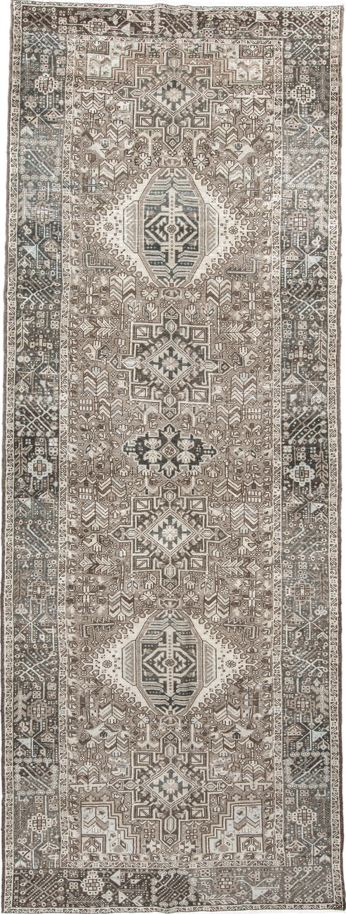 4' x 12' one-of-a-kind handmade vintage Karaje runner rug. Color palette: black, dark gray, dim gray, floral white, gray