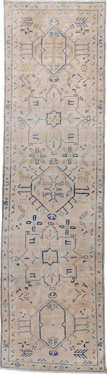 2' x 10' one-of-a-kind handmade vintage Heriz runner rug. Color palette: blue, dark gray, dim gray, gainsboro, gray
