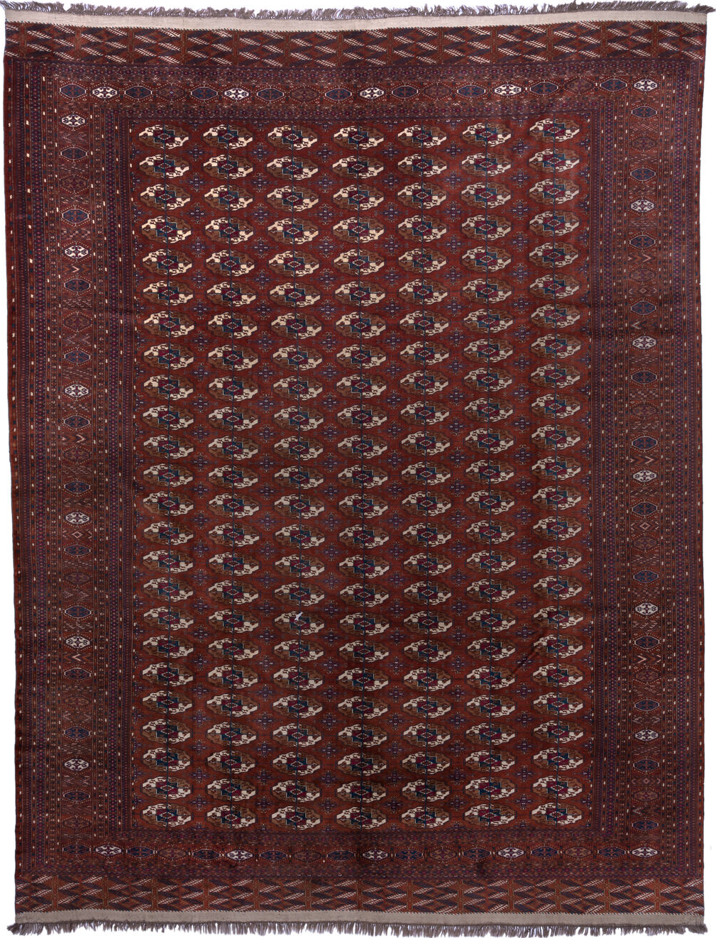 10' x 13' one-of-a-kind handmade vintage Torkaman large size rug. Color palette: brown, gray, light gray, off-white, orange