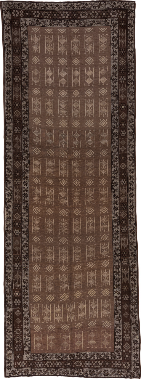5' x 13' one-of-a-kind handmade vintage Kars runner rug. Color palette: brown, gray, off-white, snow, white, whitesmoke