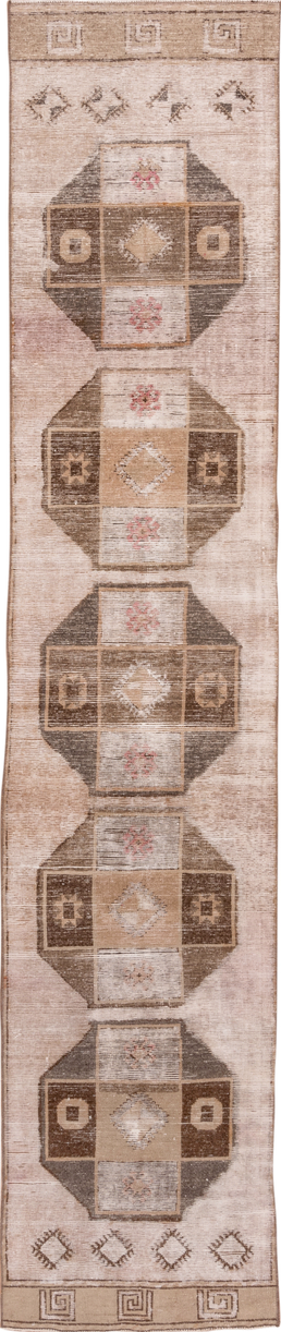 2' x 13' one-of-a-kind handmade vintage Oushak runner rug. Color palette: brown, gray, light gray, off-white, orange, pink