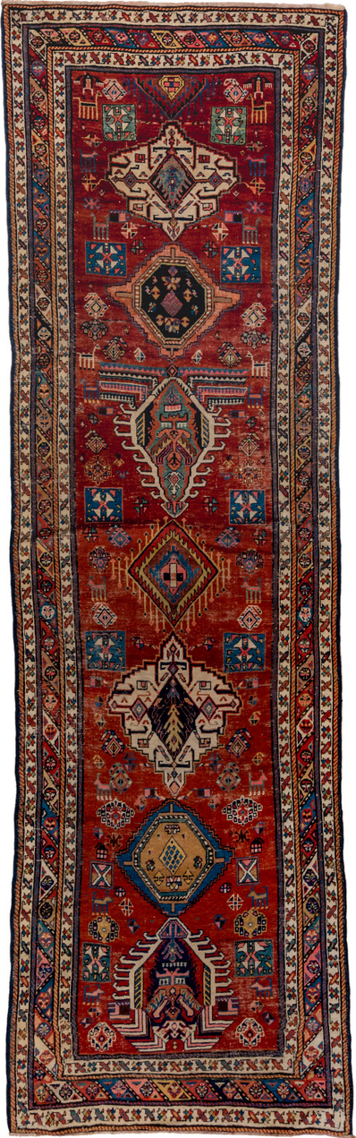 3' x 13' one-of-a-kind handmade vintage NW Persian runner rug. Color palette: black, blue, brown, gray, red