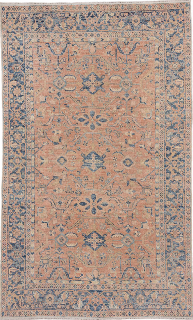 6' x 10' one-of-a-kind handmade vintage Afghan large size rug. Color palette: blue, brown, dim gray, gray, light gray