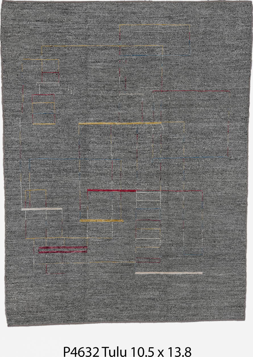 10' x 13' one-of-a-kind handmade vintage Tulu large size rug. Color palette: black, brown, charcoal, dark gray, dim gray