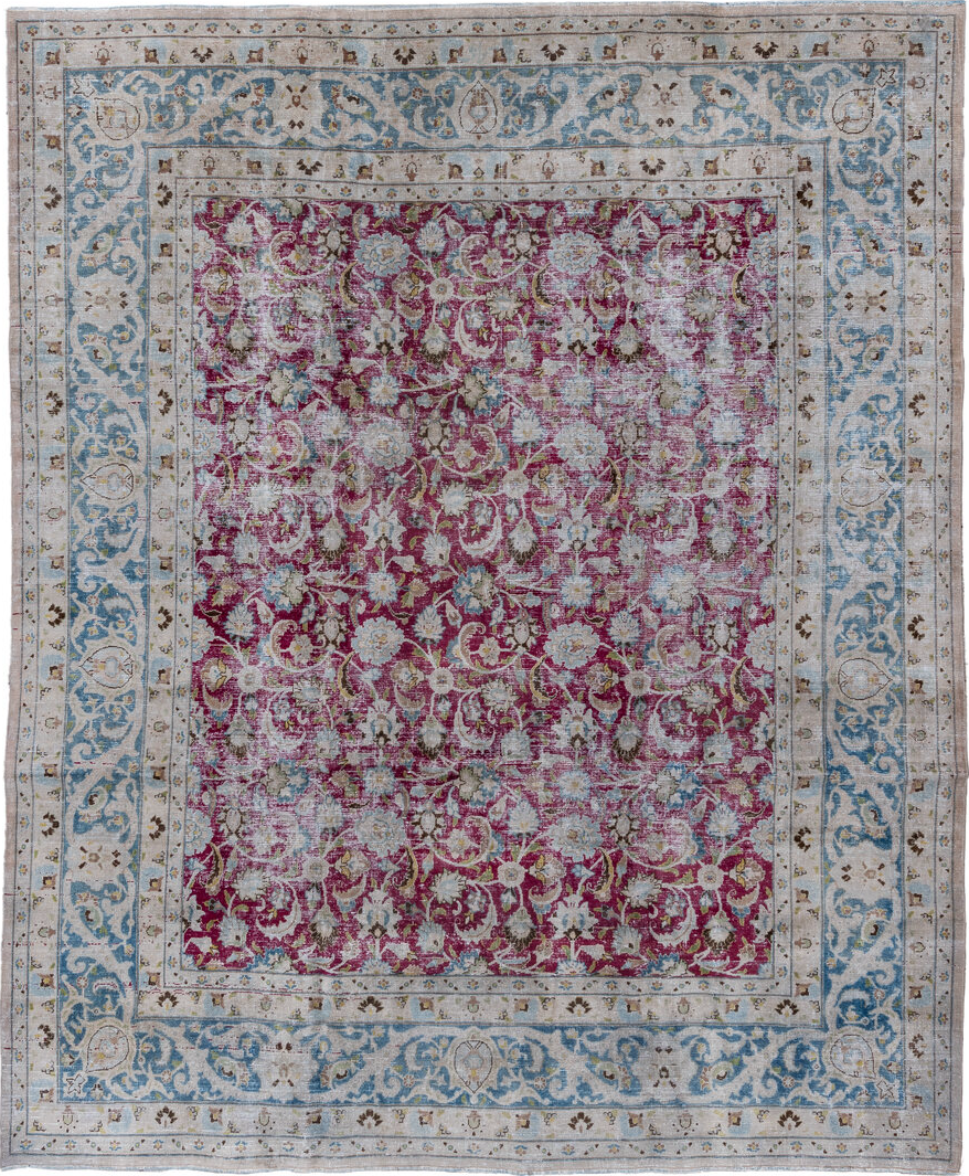 8' x 10' one-of-a-kind handmade vintage Meshed large size rug. Color palette: arapawa, blue, brown, dark gray, gainsboro