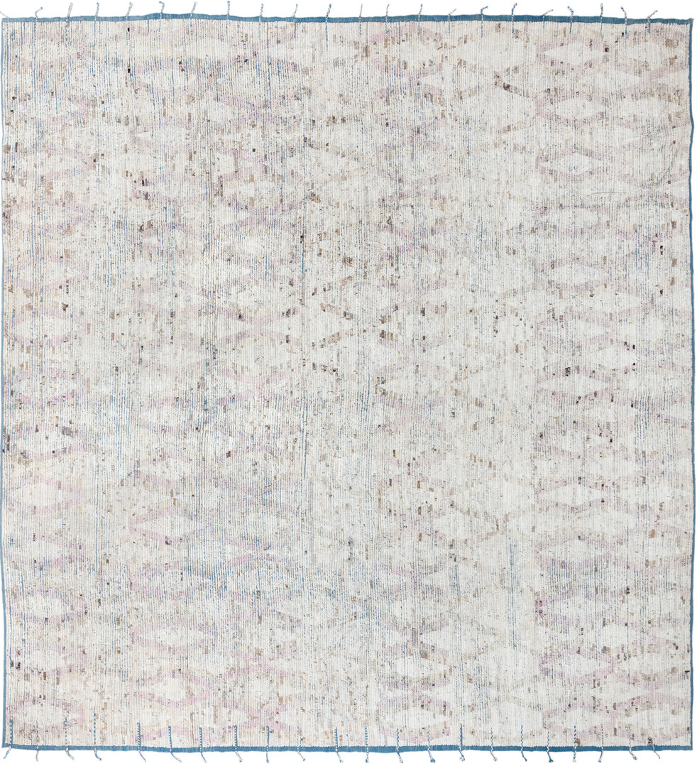 14' x 15' one-of-a-kind handmade vintage Tulu oversize rug. Color palette: dark gray, gray, light gray, linen, off-white