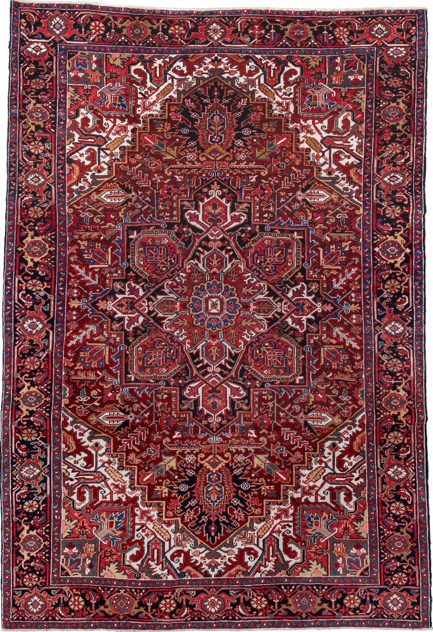 7' x 11' one-of-a-kind handmade vintage Heriz large size rug. Color palette: blue, brown, gainsboro, gray, light gray, linen