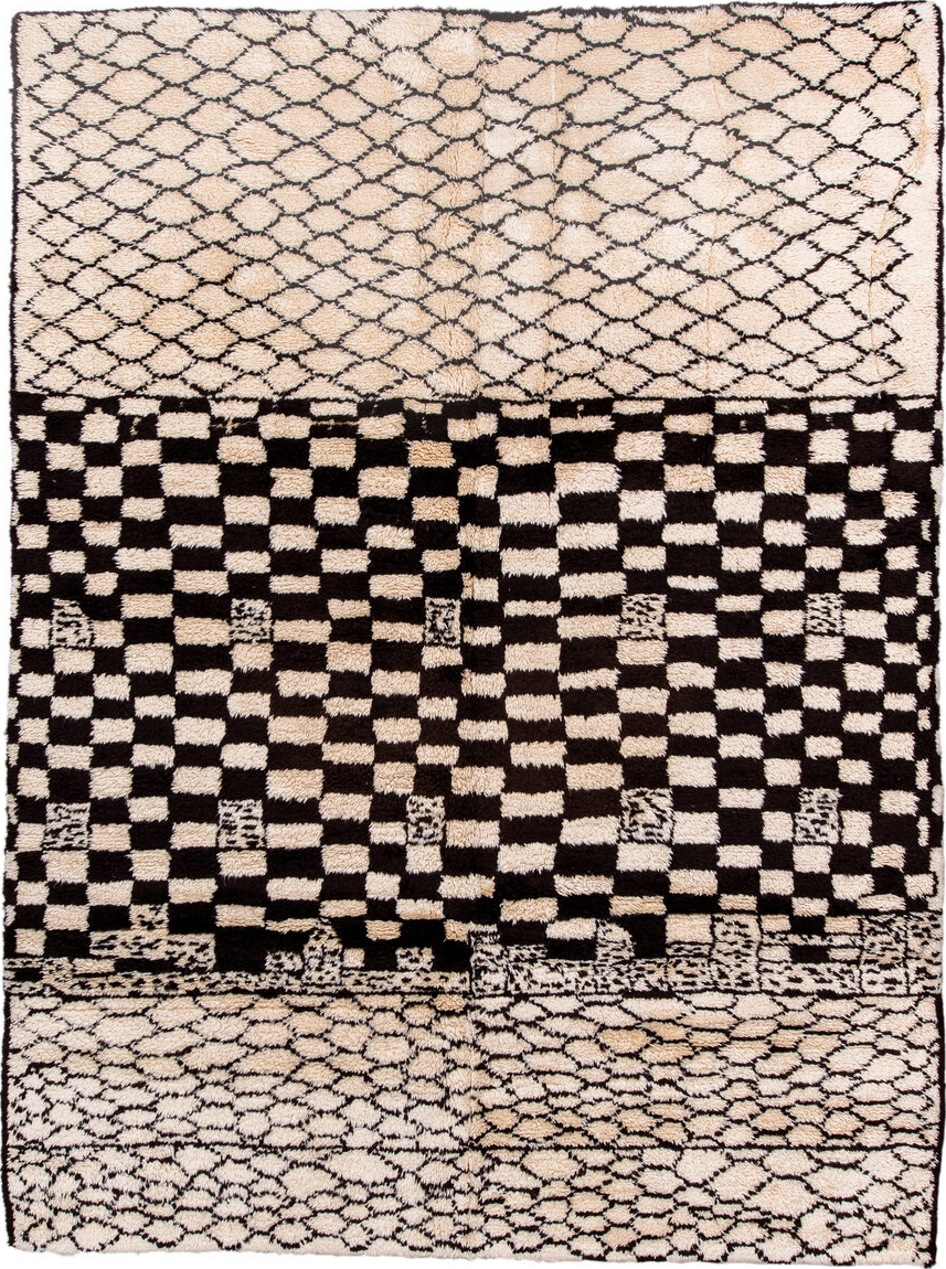 7' x 9' one-of-a-kind handmade vintage Moroccan rug. Color palette: brown, gray, light gray, pink, off-white, orange, black