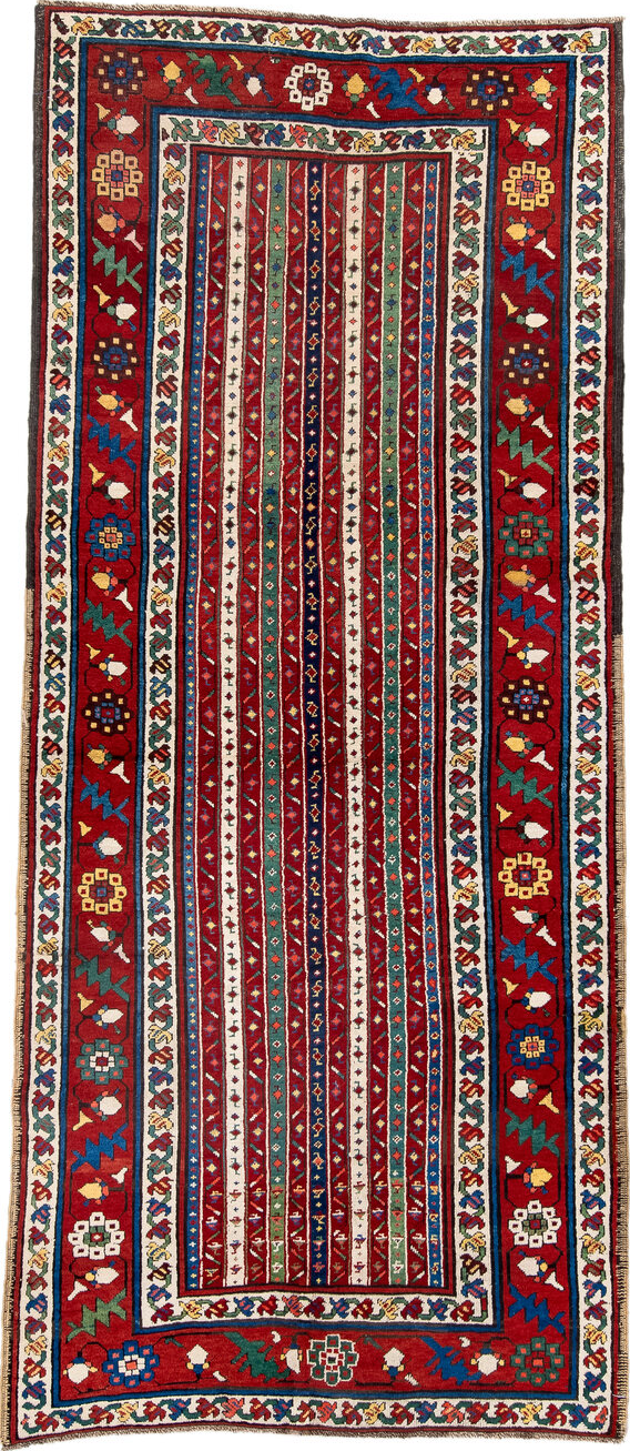 4' x 9' one-of-a-kind handmade vintage Caucasian runner rug. Color palette: antiquewhite, blue, brown, cornsilk, fiord