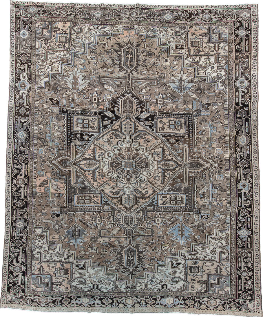 9' x 12' one-of-a-kind handmade vintage Heriz large size rug. Color palette: gray, light gray, off-white, black, silver