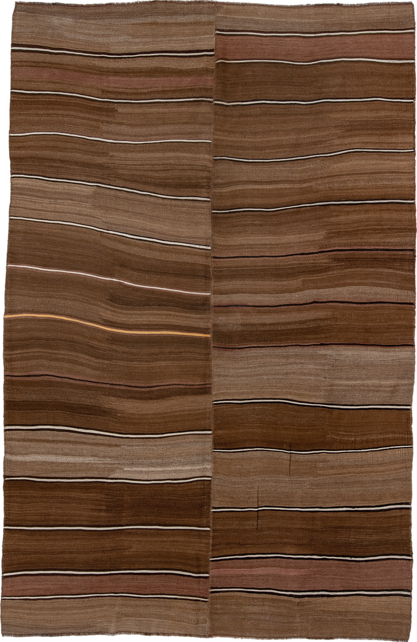 7' x 11' one-of-a-kind handmade vintage Kilim large size rug. Color palette: black, brown, gray, light gray, off-white, pink