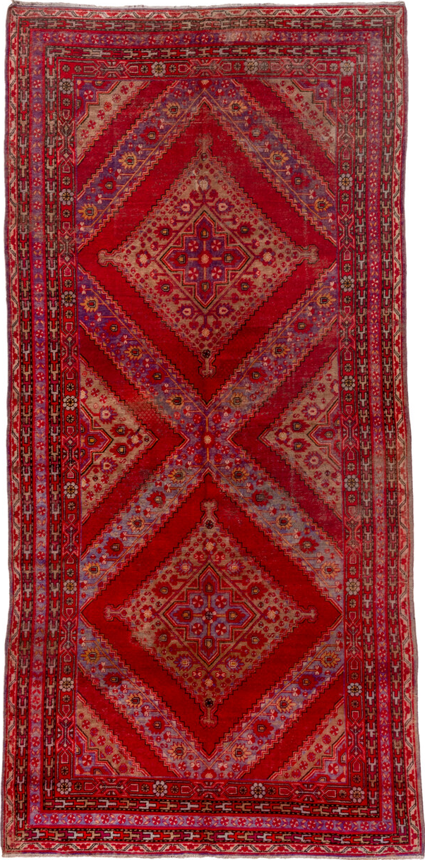 5' x 12' one-of-a-kind handmade vintage Khotan rug. Color palette: brown, fire brick, pink, red, redwood, wine