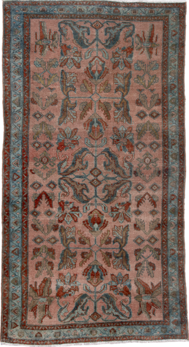 3' x 6' one-of-a-kind handmade vintage Lilian small size rug. Color palette: black, brown, charcoal, dim gray, gray, pink